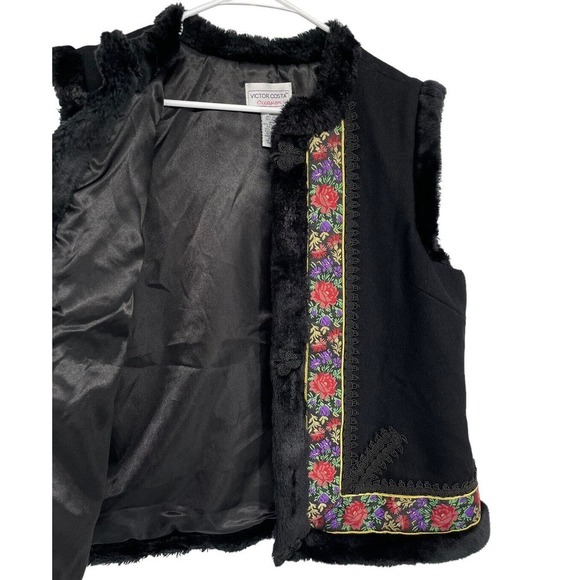 Victor Costa Occasion Black Vest Size Large Wool Faux Fur Soutache Trim Floral - Picture 7 of 11